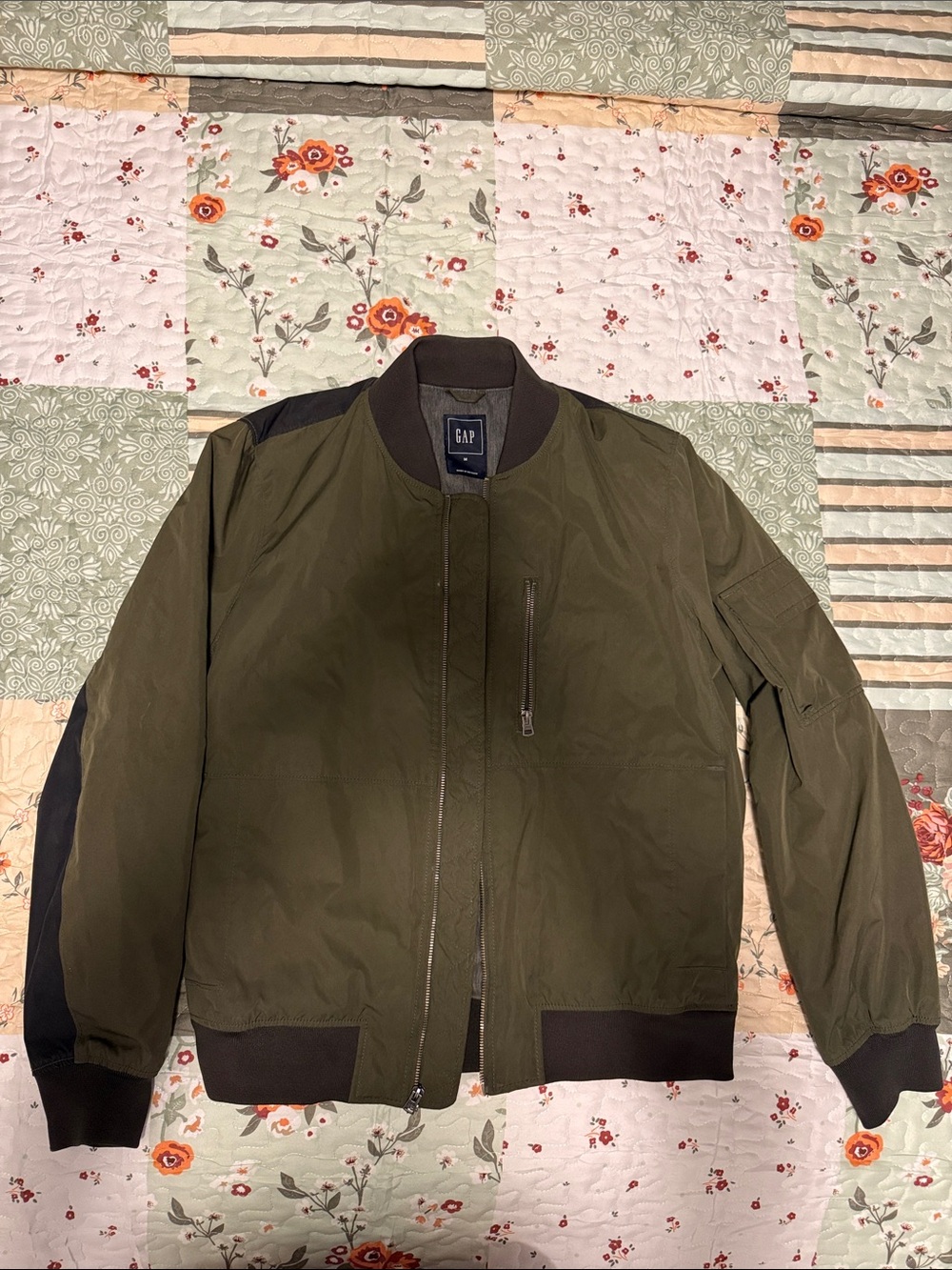 GAP Olive Green Bomber Jacket with Black Accents